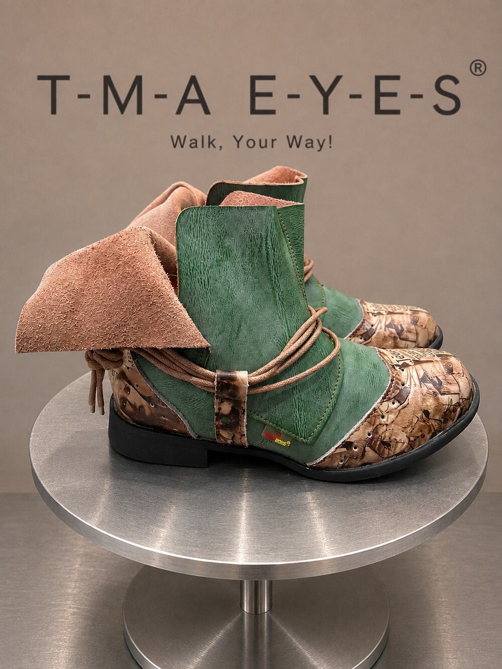 TMA EYES Tie-Accent Green Leather Newspaper Ankle Boots EU 37 US 6.5